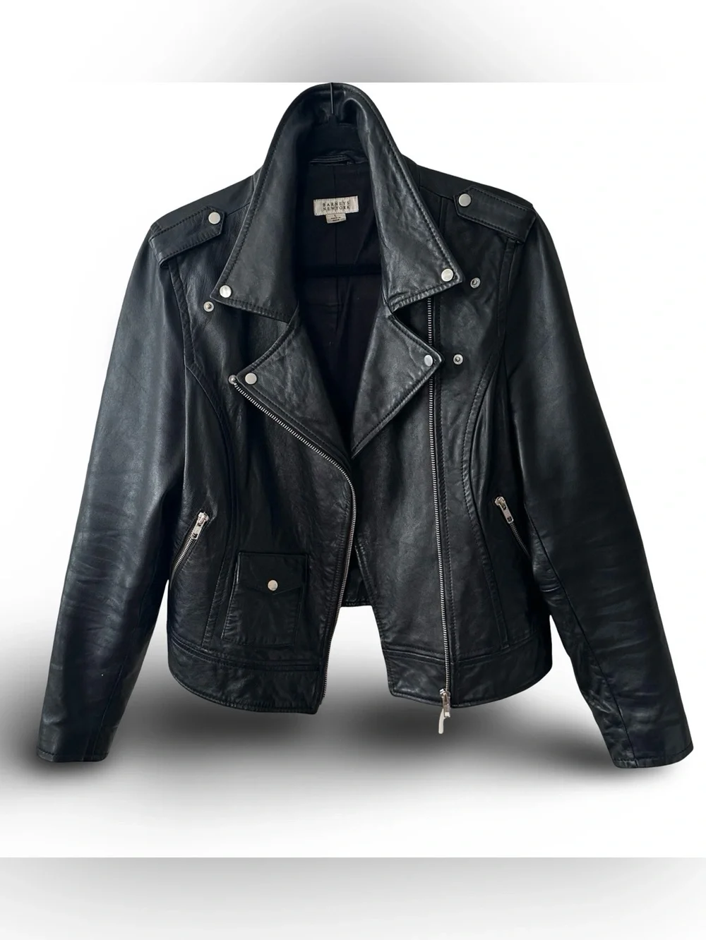 AUTH Vtg 90’s Barneys New York Soft Black Leather Moto Jacket Large Retail $895 - Picture 7 of 8